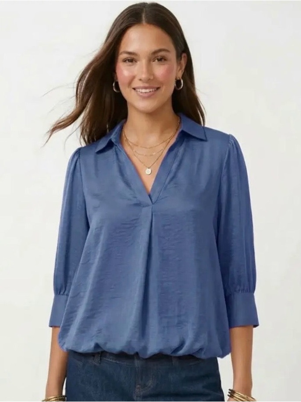 Naked Zebra Classic V-Neck, Half Sleeve, Hi-Lo Bubble Hem Blouse in Denim Blue